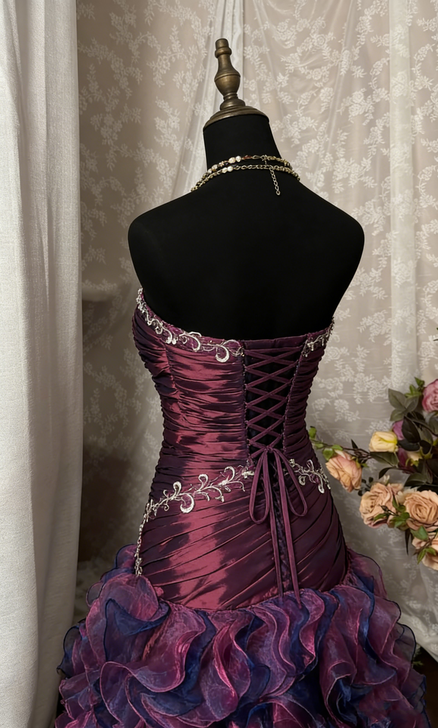 Vintage Ballkleid Meerjungfrau Trägerlos Dunkel Lila Gerafftes Langes 90er Abschlussballkleid Festliches Abendkleid A350