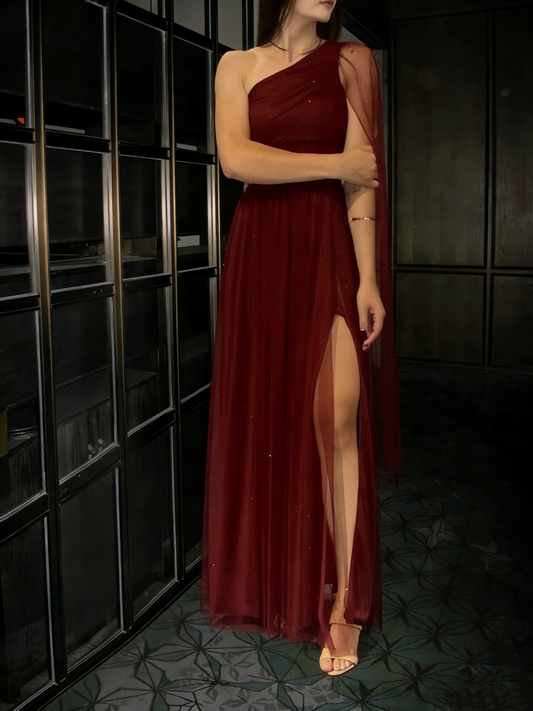 Einfaches A-Linien-Abendkleid aus burgunderrotem Tüll mit Schlitz und One-Shoulder-Schulter, langes Partykleid, AB2184