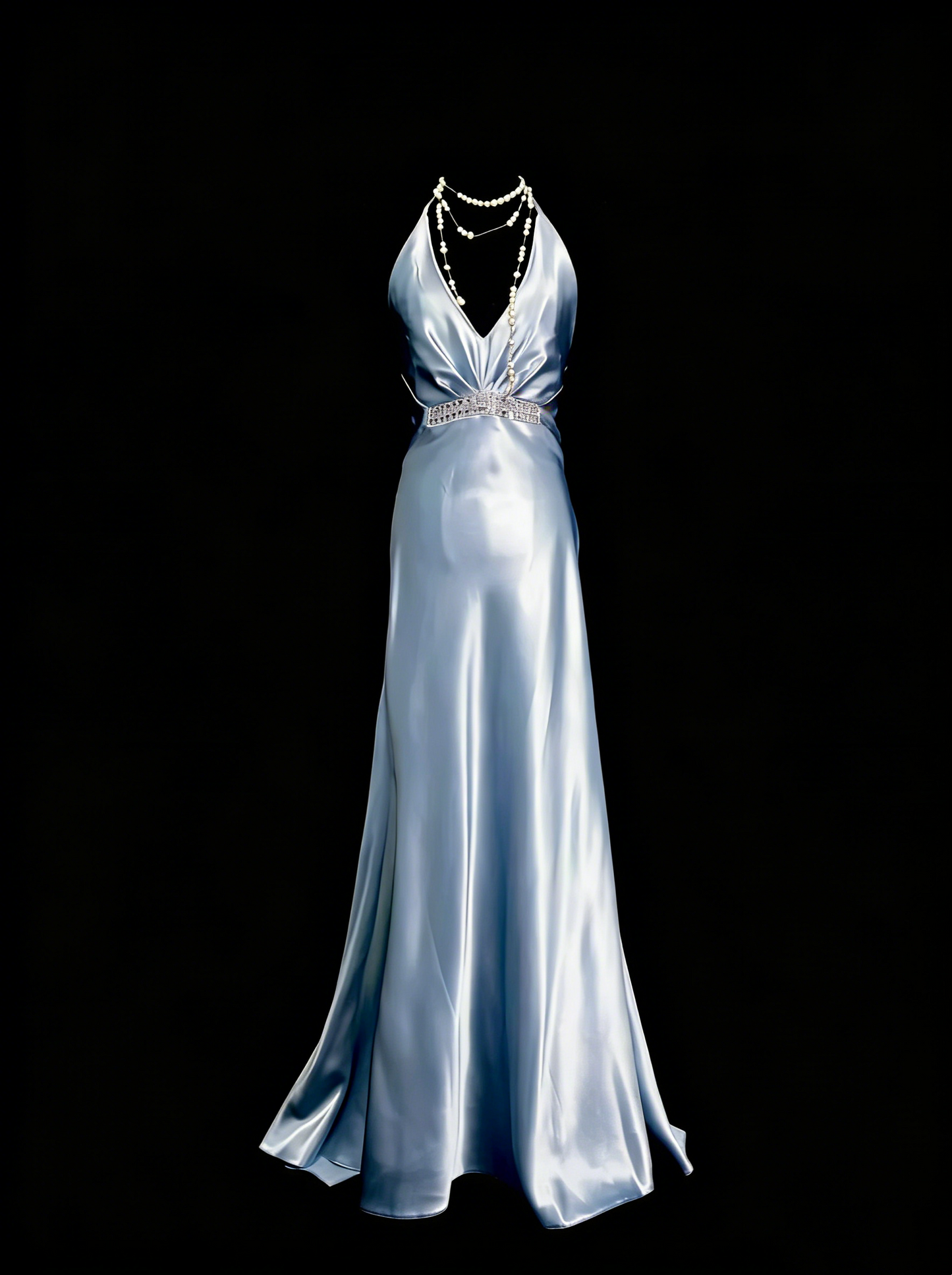 Vintage A-Linien-Neckholderkleid aus hellblauem Satin, ärmellos, 80er-Jahre-Stil, langes formelles Abendkleid N1446