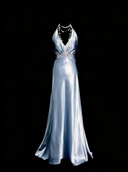 Vintage A-Linien-Neckholderkleid aus hellblauem Satin, ärmellos, 80er-Jahre-Stil, langes formelles Abendkleid N1446