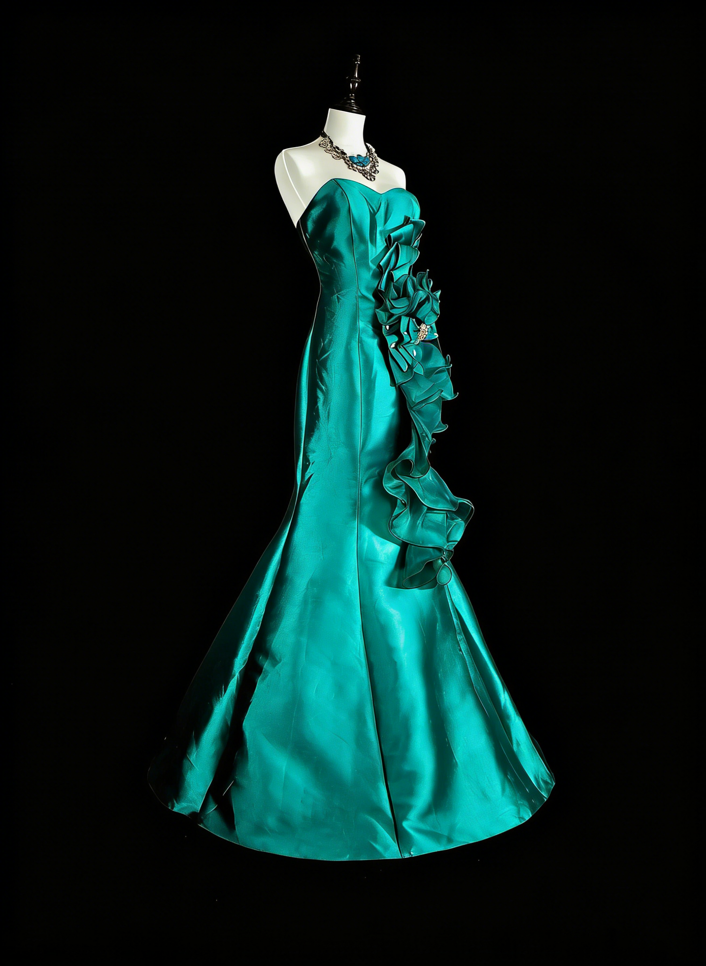 Robe de bal longue vintage sirène vert satin années 70, bustier cœur, taille 4 N1834