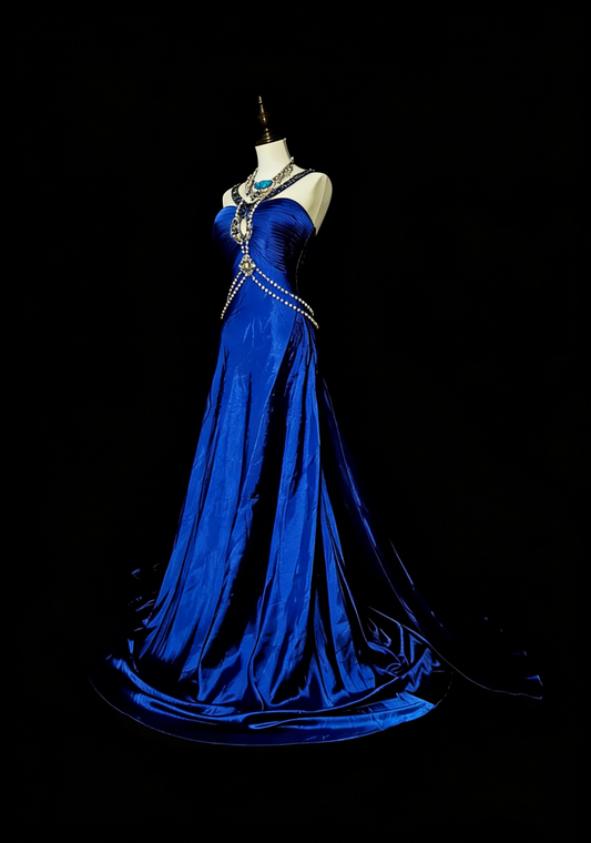 Robe de bal longue vintage années 80, coupe trapèze, dos nu, en satin bleu roi, sans manches, référence N1433