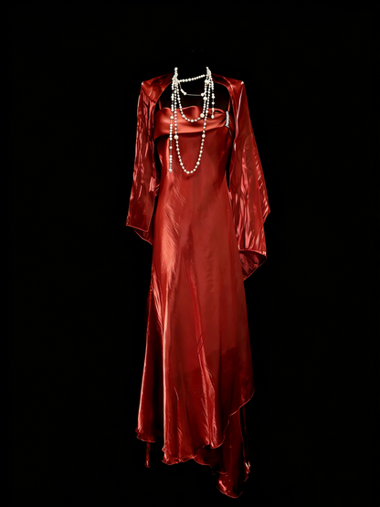 Vintage-Mode, Abend-Ästhetik, A-Linie, rostrot, Spaghettiträger, 80er, 70er, 90er Jahre, College-Formelles Outfit, Langes Ballkleid, Abschlusskleid N1150