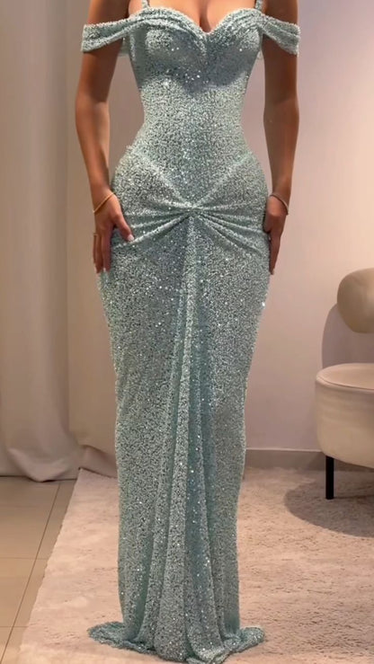 Glitzerndes, figurbetontes Kleid mit blauen Trägern und Pailletten, langes Ballkleid im Meerjungfrauen-Stil für Damen N4113