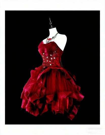 Jolie Robe de Bal Bustier en Tulle Bordeaux avec Appliques Courte Mini Robe de Soirée N2387