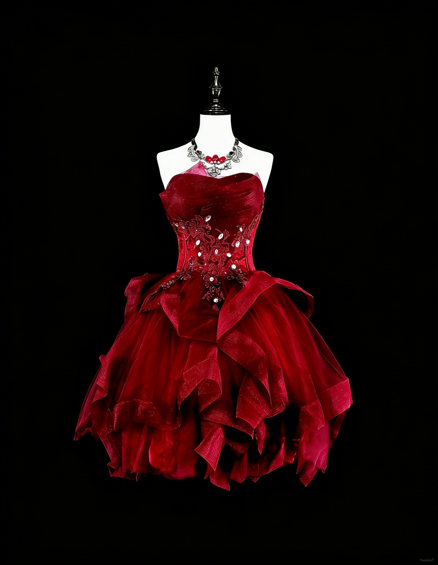 Jolie Robe de Bal Bustier en Tulle Bordeaux avec Appliques Courte Mini Robe de Soirée N2387