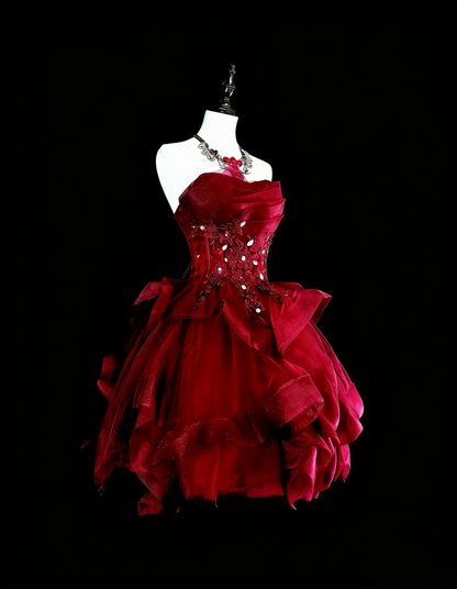 Jolie Robe de Bal Bustier en Tulle Bordeaux avec Appliques Courte Mini Robe de Soirée N2387