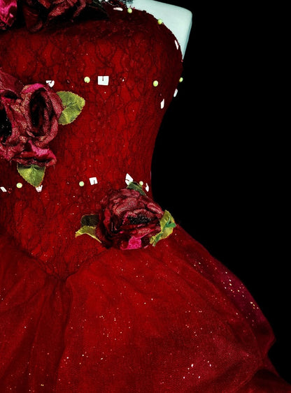 Jolie robe de bal bustier en tulle bordeaux avec appliqués 3D, robes courtes de bal de promo N2384