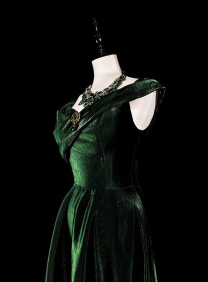 Vintage A-Linien-Kleid aus dunkelgrünem Samt mit Rüschen und herzförmigem Ausschnitt für Highschool-Schülerinnen, Teenager, Abschlussballkleid, langes Abschlusskleid N1672