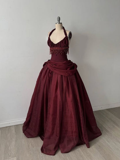 Vintage burgunderrotes Ballkleid mit Neckholder, Perlenbesatz, langes Satin-Abendkleid, formelles Abendkleid N538
