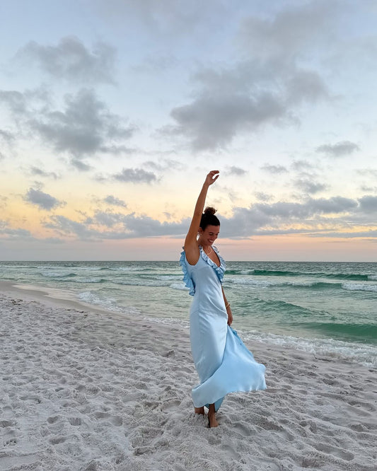 Simple Mermaid V Neck Blue Chiffon Summer Spring Inspiration Long Wedding Guest Dress Birthday Outfits N1635