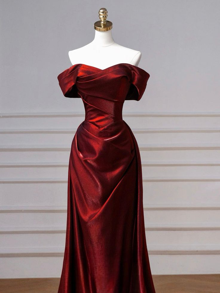 Simple Off Shoulder Satin Burgundy Long Prom Dress, Burgundy Long Formal Dress Party Gown AB1842
