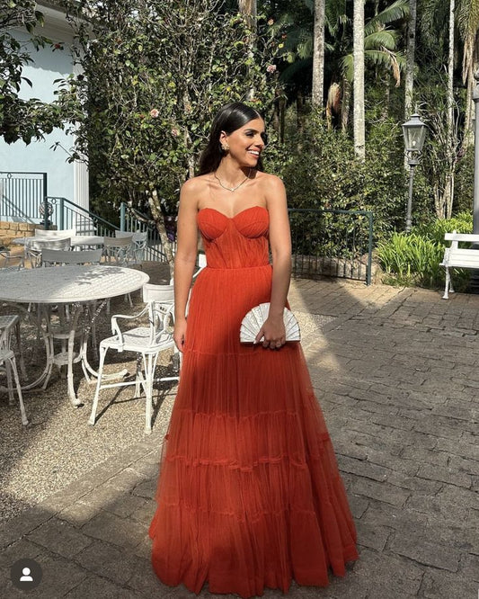 Modest A Line Sweetheart Rest Red Tulle Prom Dresses Inspo Simple Long Prom Gowns AB243