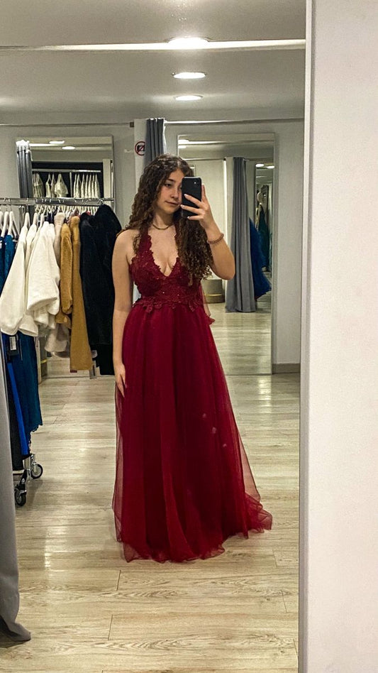 Robes de bal de fin d'année modestes pour lycéennes - Inspiration pour les lycéennes - Robe longue bordeaux semi-formelle à col halter et coupe trapèze pour adolescentes AB2166