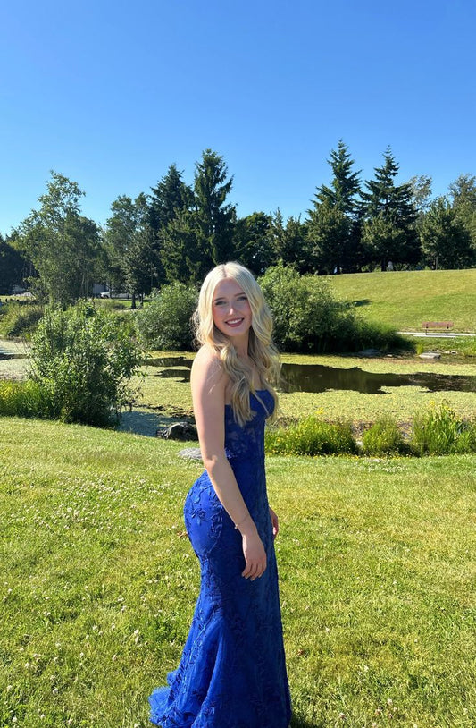 Sparkly Mermaid Strapless Royal Blue Lace Long Formal Gowns Prom Dresses With Appliques Evening Dress AB739