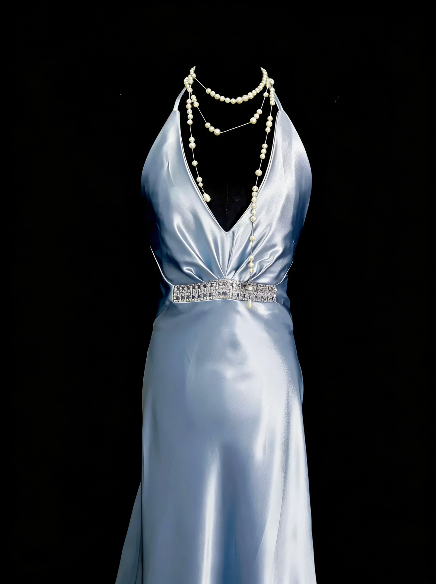 Vintage A-Linien-Neckholderkleid aus hellblauem Satin, ärmellos, 80er-Jahre-Stil, langes formelles Abendkleid N1446
