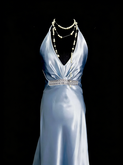Vintage A-Linien-Neckholderkleid aus hellblauem Satin, ärmellos, 80er-Jahre-Stil, langes formelles Abendkleid N1446