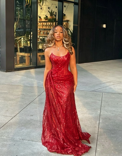 Glitzerndes trägerloses nachtblaues langes Partykleid, Ballkleid, Pailletten-Meerjungfrau, figurbetont für Damen N4092