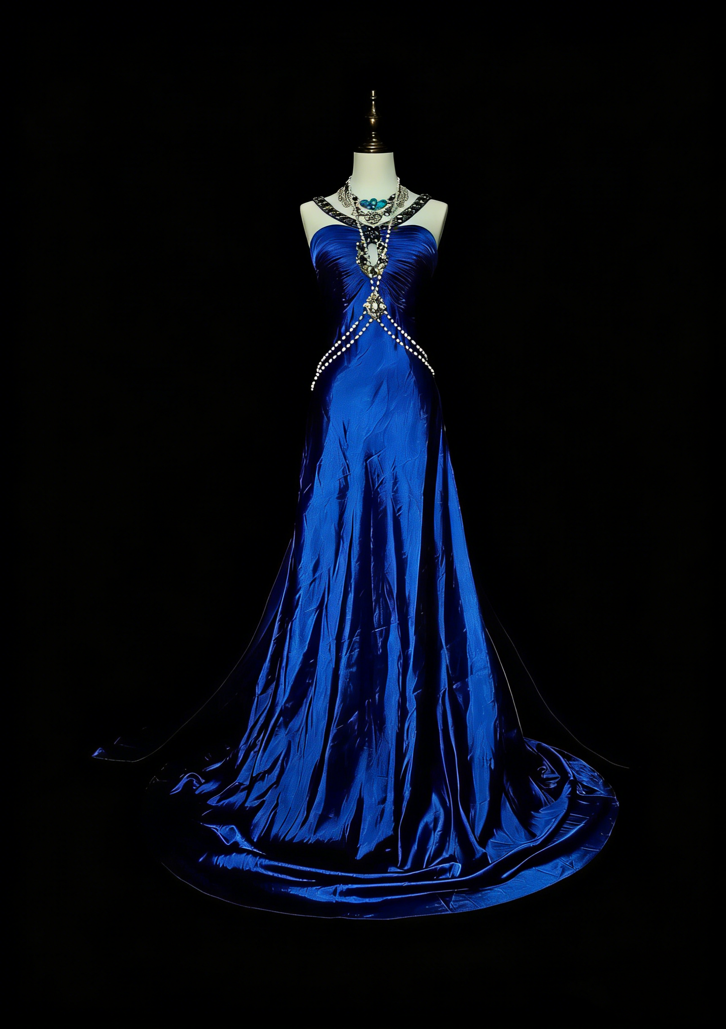 Robe de bal longue vintage années 80, coupe trapèze, dos nu, en satin bleu roi, sans manches, référence N1433