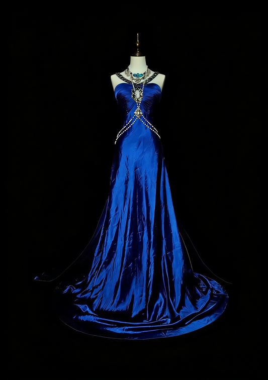 Robe de bal longue vintage années 80, coupe trapèze, dos nu, en satin bleu roi, sans manches, référence N1433