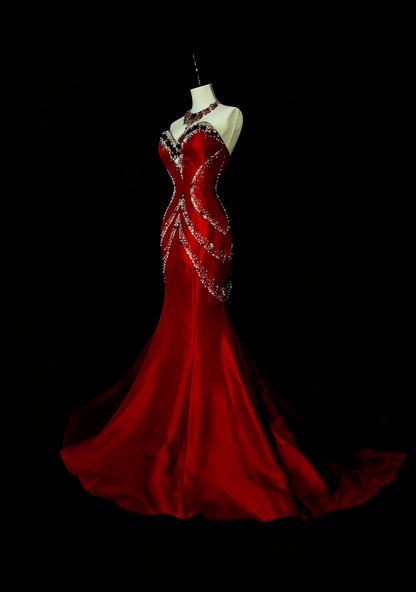 Robe de bal rétro sirène en satin rouge, décolleté cœur, ornée de perles et sans manches, style années 70, robe de soirée longue et élégante N1492