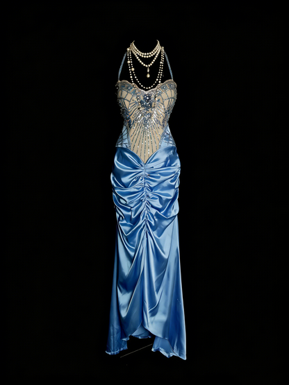 Vintage Abschlussballkleider Ästhetisch 1960er Jahre Retro Neckholder Meerjungfrau Perlen Lang Partykleid N2144