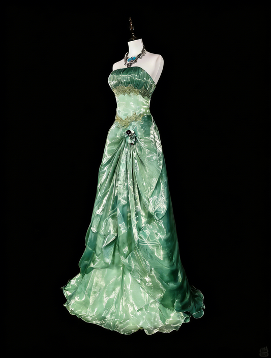 Vintage A Line Strapless Sage Green 70s Organza Long Prom Gown Party Wear Dresses N1835
