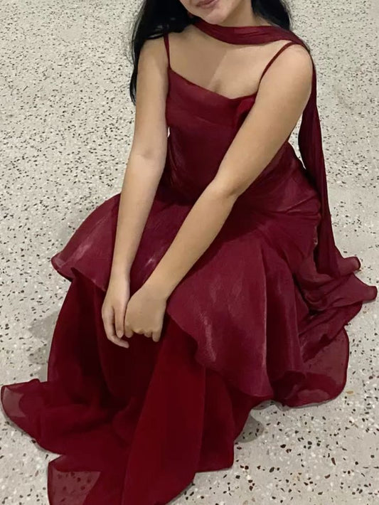 Simple A Line Strapless Burgundy Organza With Scarf Long Prom Dresses Impress Wedding Guest Dress Party Gown N286