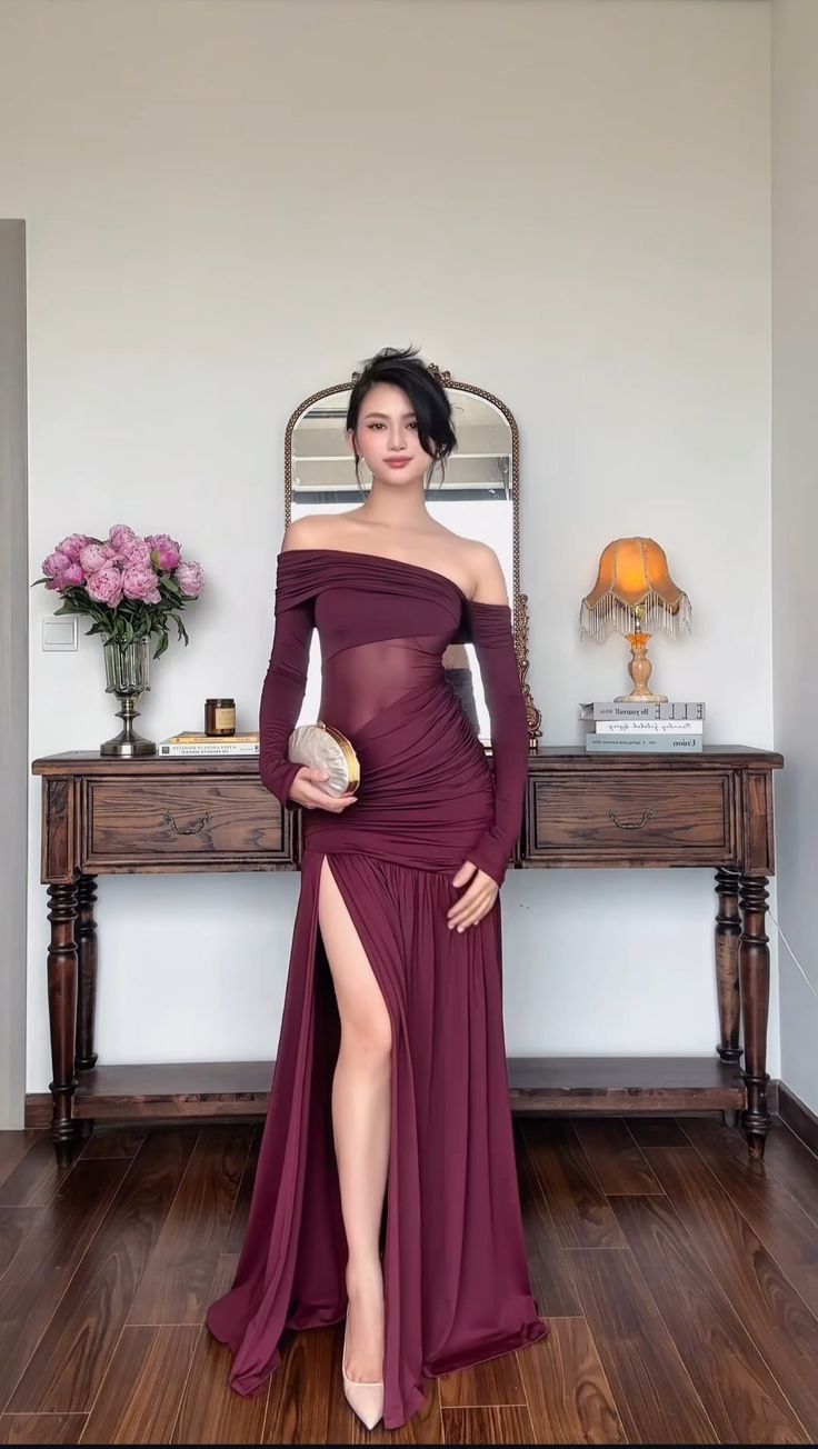 Vintage-Stil Langes Meerjungfrauen-Abendkleid mit schulterfreiem Schnitt, burgunderrot, für Damen AB1472