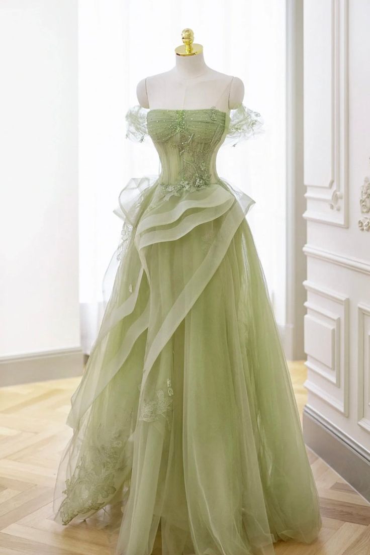 Robe de bal élégante en tulle et dentelle vert sauge, épaules dénudées, longue, robe de soirée, AB327