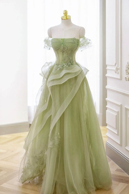 Elegant Sage Green Tulle Lace Prom Dress Off The Shoulder Long Evening Party Dress Prom Gowns AB327
