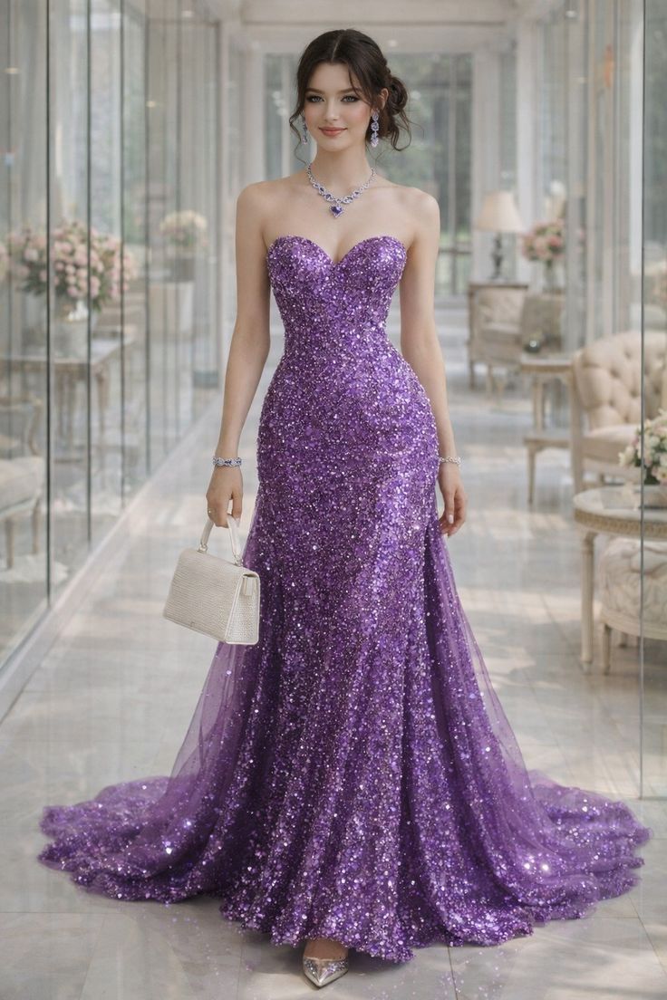 Eclectic Mermaid Sweetheart Grape Sequin  Baddie Cruise Ship Formal Night Evening Dresses Long Birthday Outfit RB3826