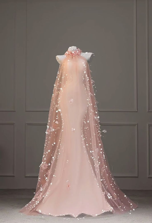 Sweet Mermaid High Neck Blush Pink Satin Floor Length Prom Dresses Formal Dress Birthday Outfits Prom Gown RA069