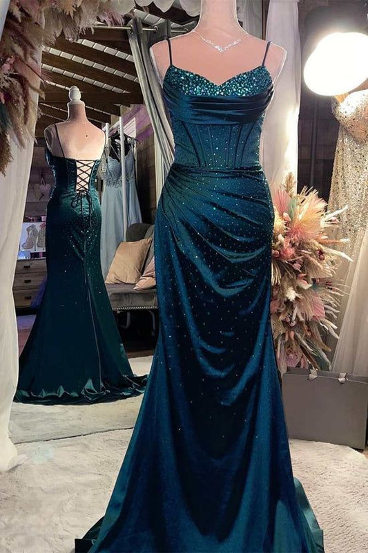 Sexy Meerjungfrauen-Abendkleid aus Satin mit Spaghettiträgern und offenem Rücken – perfekt für Partys, Abschlussbälle und den 22. Geburtstag (AB1325)