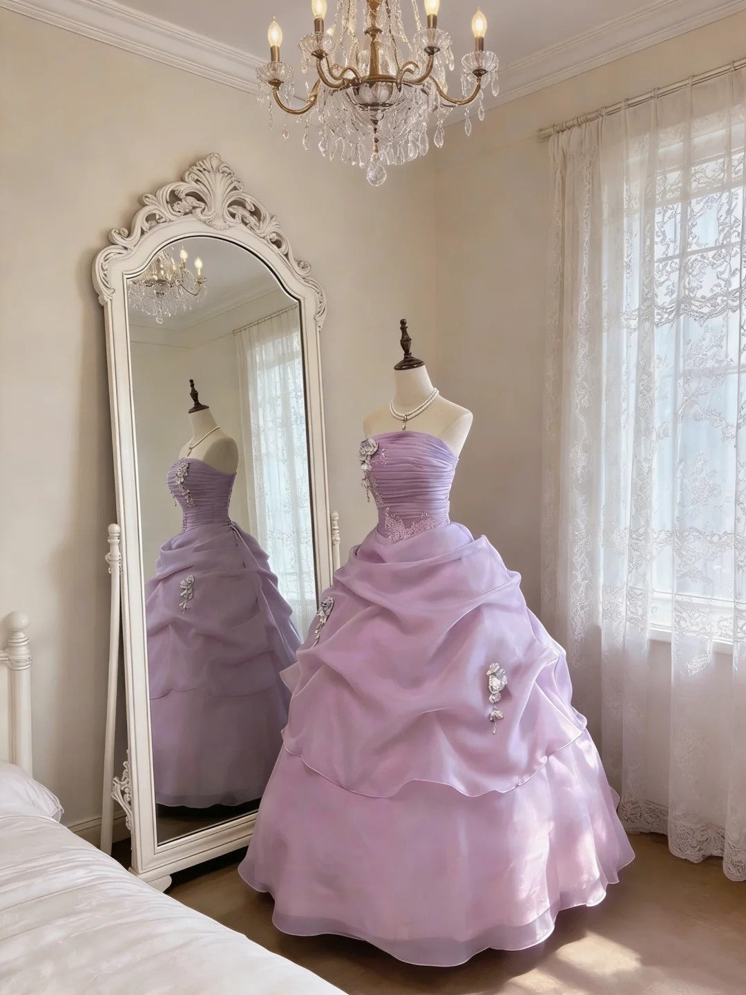 Elegant Ball Gown Strapless Lilac With Ruffled Quince Dress Voluminous Long Sweet 16 Quinceanera Dresses Vestido de princesa RB4495