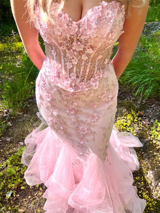 Mermaid Sweetheart Sleeveless Tulle Pink Long Formal Dresses Prom Dress AB942