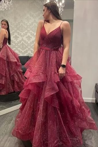 Ball Gown Spaghetti Straps Ruffled Long Prom Dress Burgundy Prom Dresses Birthday Gowns AB933