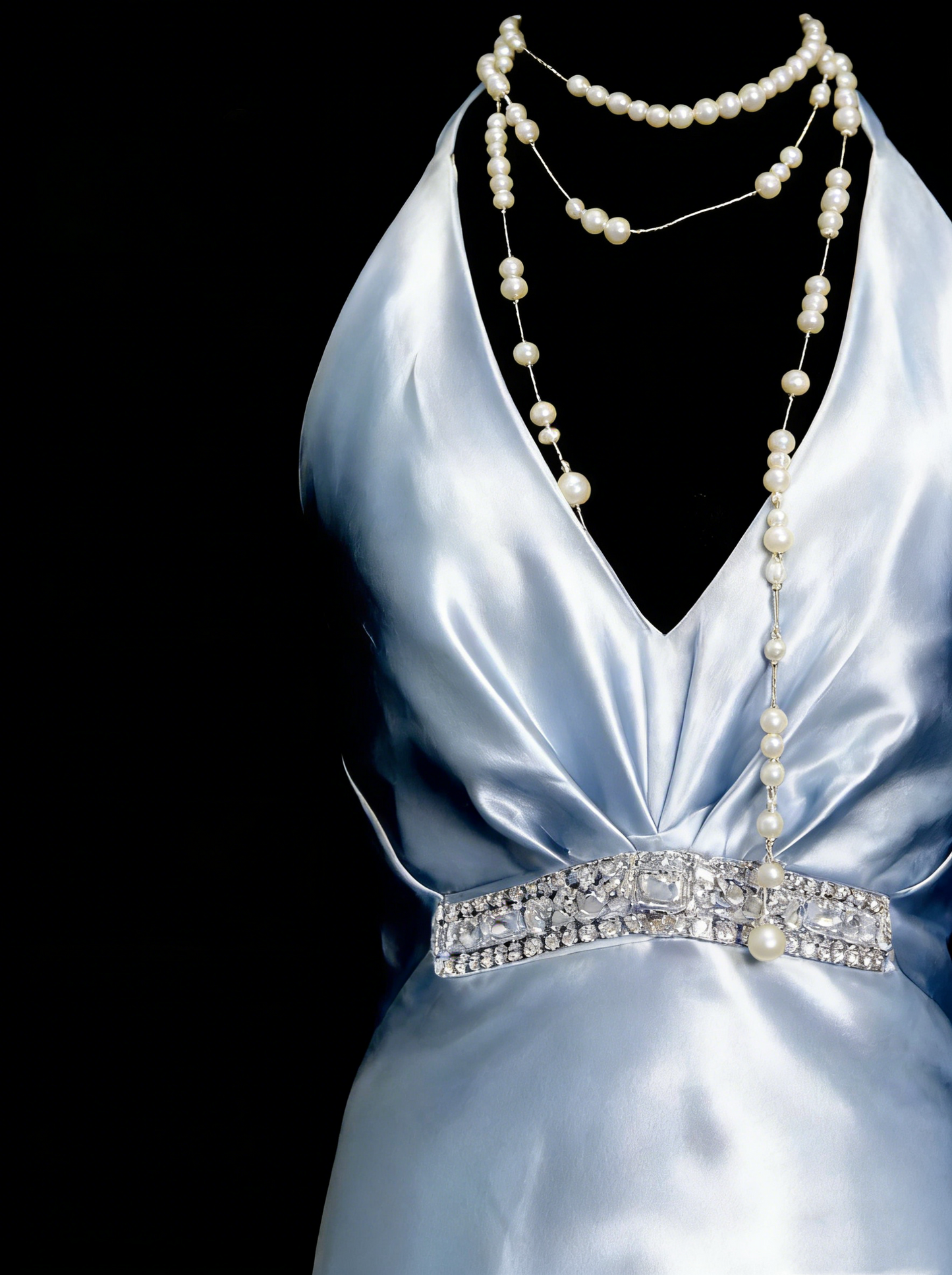 Vintage A-Linien-Neckholderkleid aus hellblauem Satin, ärmellos, 80er-Jahre-Stil, langes formelles Abendkleid N1446