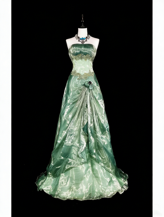 Vintage A Line Strapless Sage Green 70s Organza Long Prom Gown Party Wear Dresses N1835