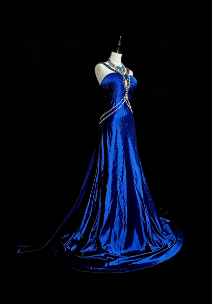 Robe de bal longue vintage années 80, coupe trapèze, dos nu, en satin bleu roi, sans manches, référence N1433
