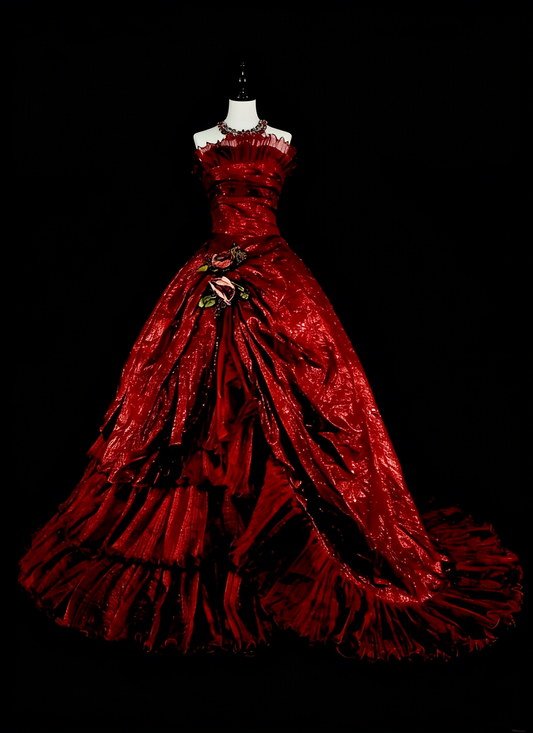 Vintage Prom Dresses Ball Gown Strapless Burgundy With Ruffle 1980s Long Formal Gown N2707