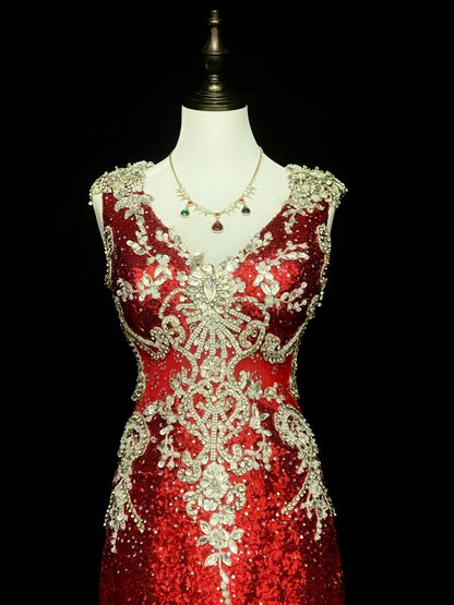 Vintage A line V Neck Red Sequin With Gold Appliques Bodice College Formal Outfit Long Prom Graduation Dresses For Teens N1304
