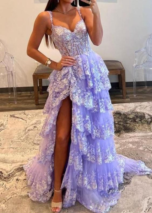 A-Line Lace Off-the-Shoulder Tiered Long Prom Dress with Slit Formal Evening Gowns AB501
