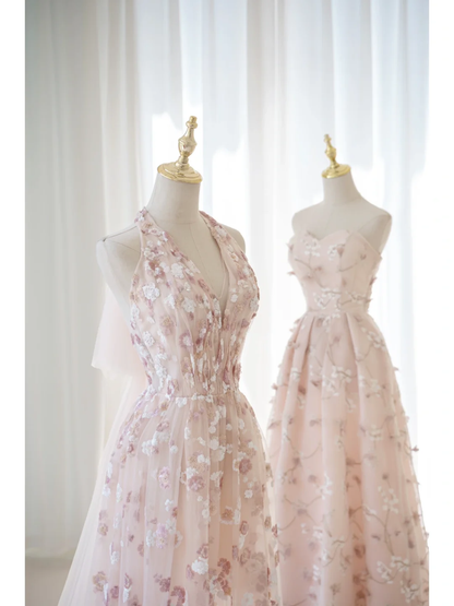 Cute A line Halter Floral Tulle Pink Long Prom Dresses Impress 19th Birthday Outfits Prom Gown AB1004