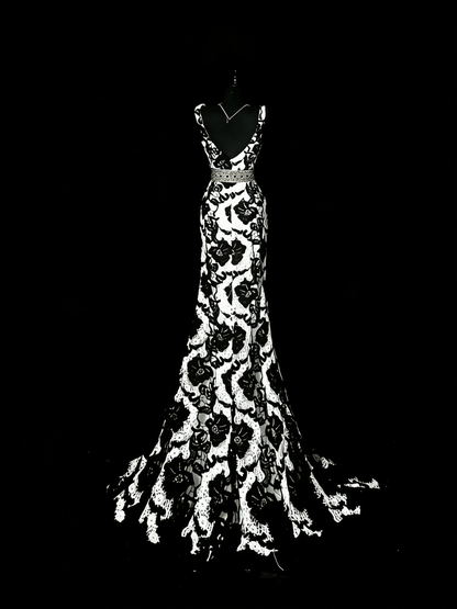 Robe de bal longue sirène à col en V en satin noir à fleurs, style modeste, pour adolescentes (N1188)