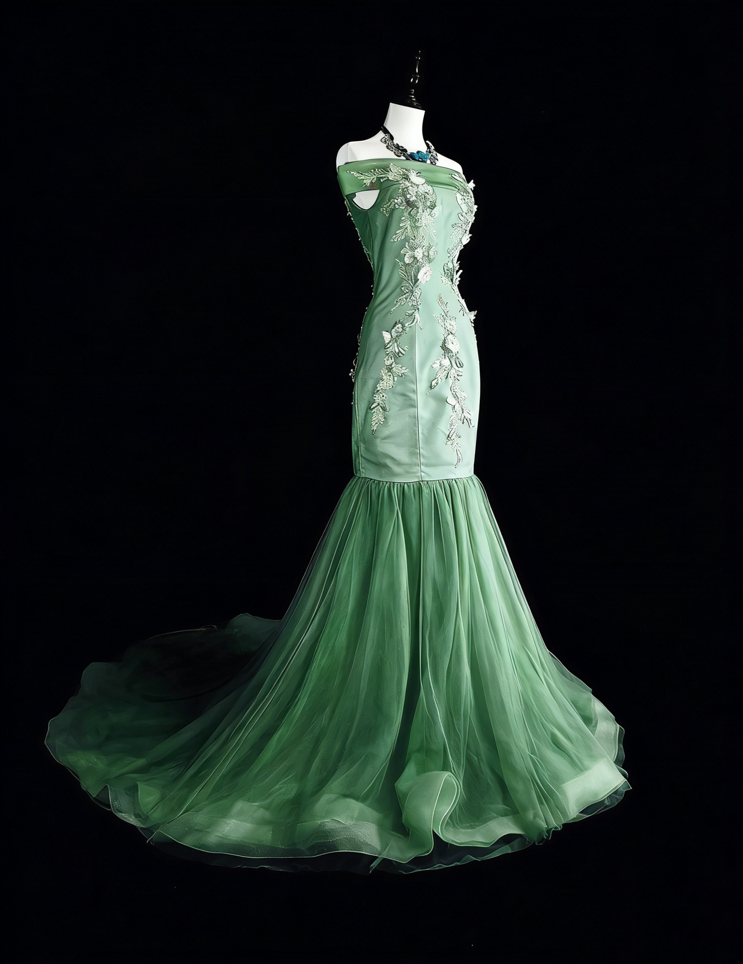 Robe de bal longue vintage sirène vert sauge à épaules dénudées, en dentelle, années 70, référence N1836