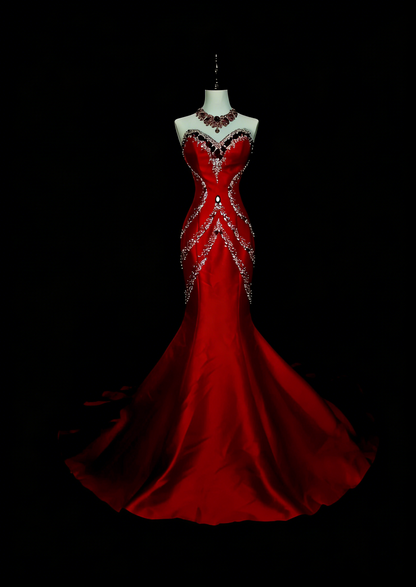 Robe de bal rétro sirène en satin rouge, décolleté cœur, ornée de perles et sans manches, style années 70, robe de soirée longue et élégante N1492