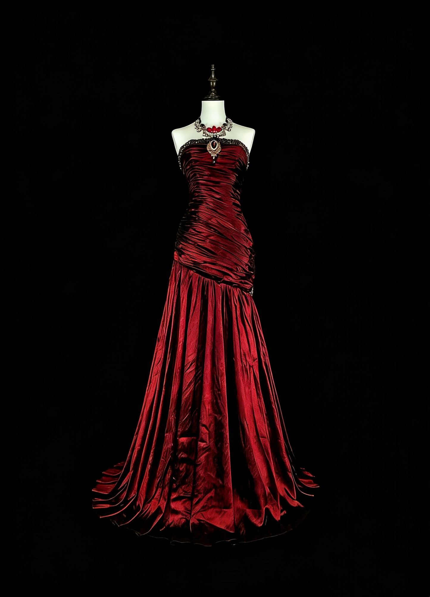 Vintage Prom Dresses Meerjungfrau Trägerlos Dunkelburgunder Satin mit Perlenstickerei 1980er Lange Abendrobe N2708