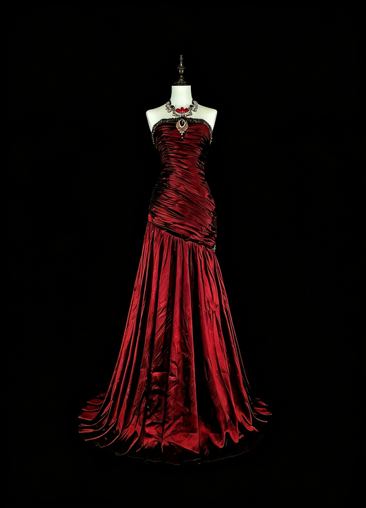 Vintage Prom Dresses Mermaid Strapless Dark Burgundy Satin With Beading 1980s Long Formal Gown N2708
