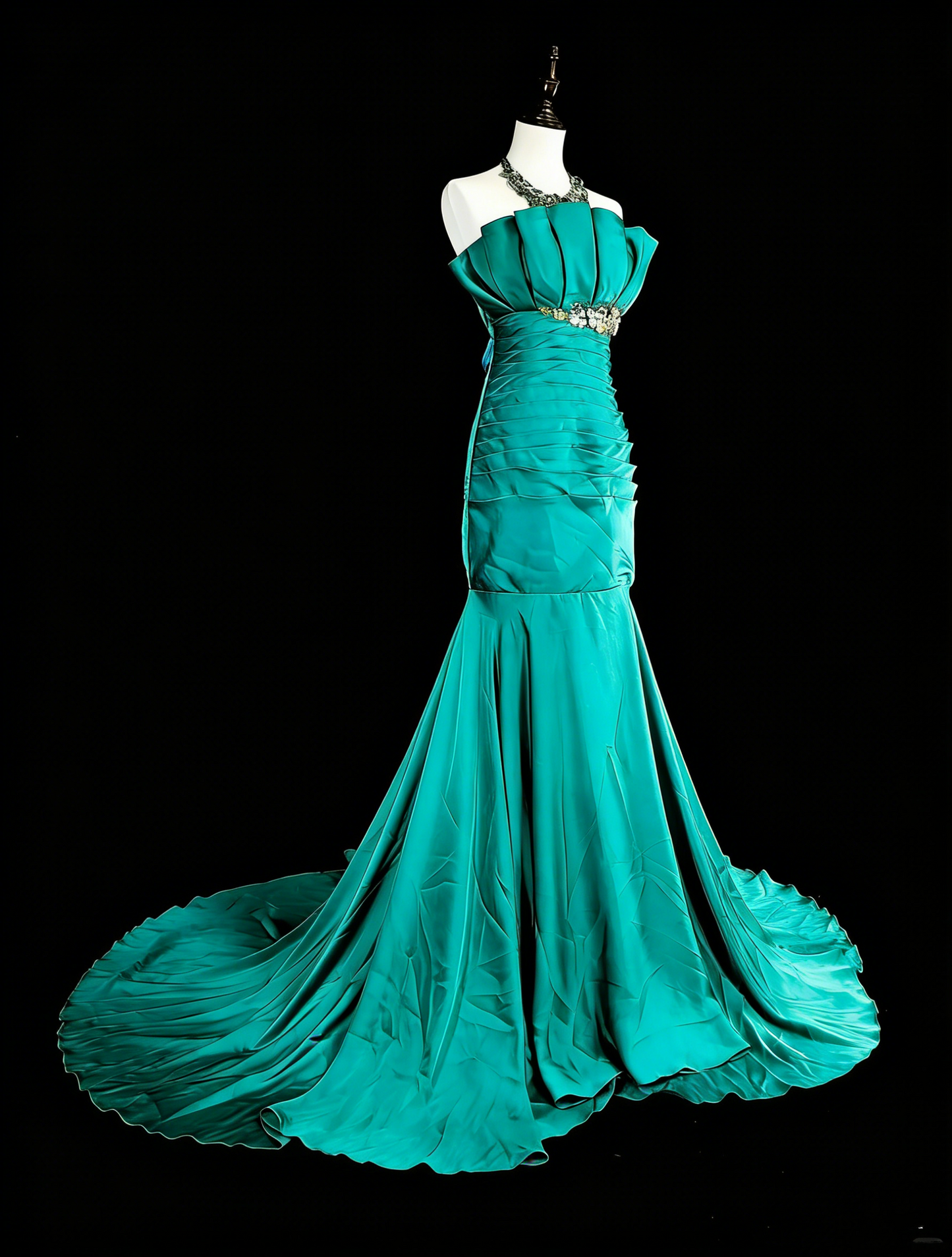 Robe de bal longue vintage sirène bustier en satin vert années 70 avec plis et perles, N1842
